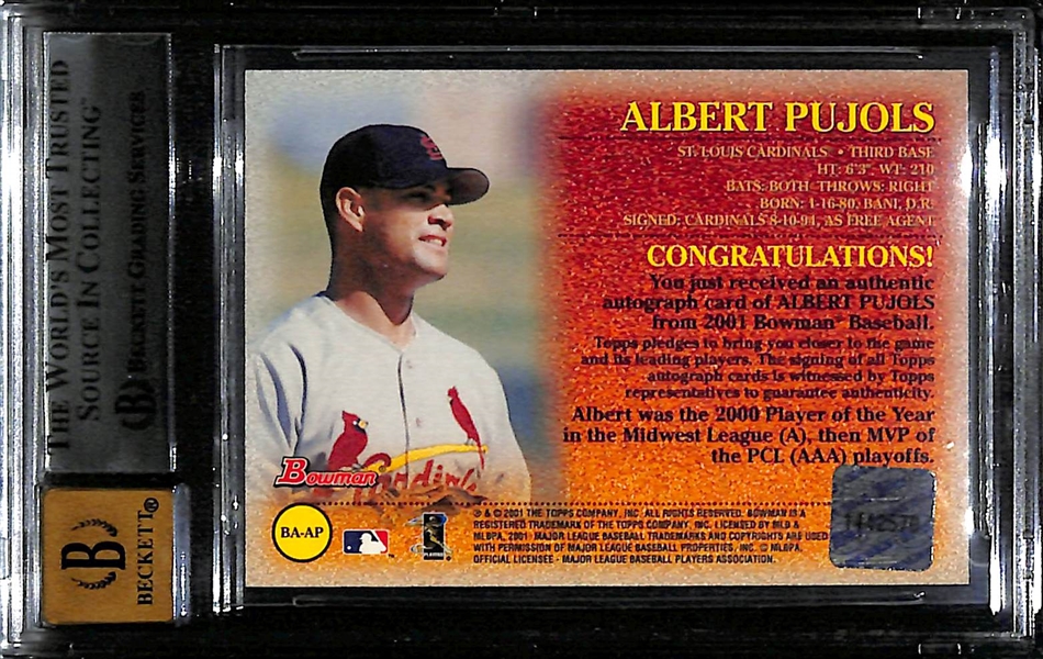 2001 Bowman Albert Pujols Autographed Rookie Card  #BP-AP Graded Beckett BGS 9 MT (10 Auto Grade)