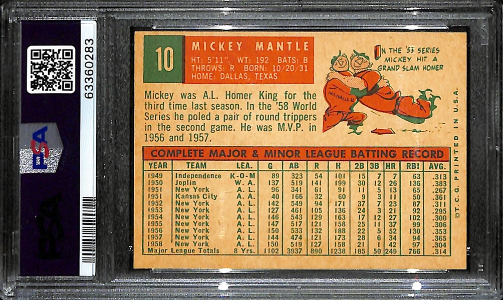 Pack-Fresh 1959 Topps Mickey Mantle #10 Graded PSA 8 (OC)