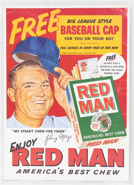 1952-1953 Original 11x15.5 Red Man Tobacco Cardboard Store Advertisement Display Sign Showing Cards & Johnny Mize (Some Creasing Throughout)