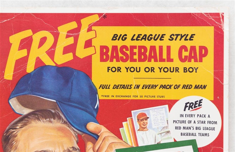 1952-1953 Original 11x15.5 Red Man Tobacco Cardboard Store Advertisement Display Sign Showing Cards & Johnny Mize (Some Creasing Throughout)