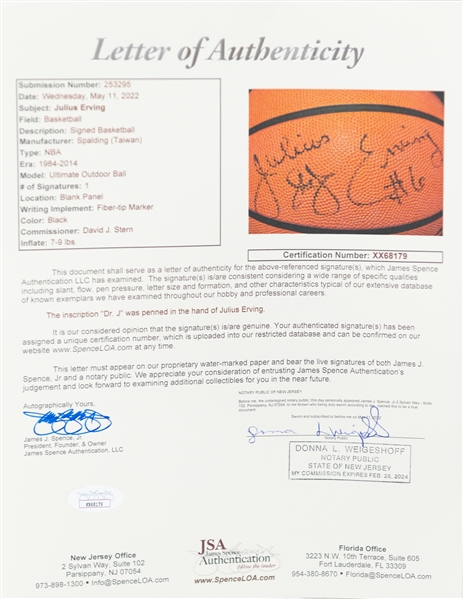 Julius Erving Signed Spalding NBA Basketball (Full JSA Letter of Authenticity)