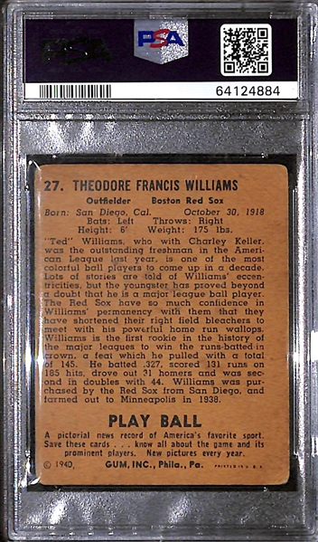 1940 Play Ball Ted Williams #27 Graded PSA 1.5 (Presents Better Than Grade)