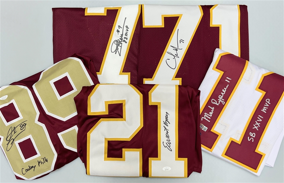 Lot of (5) Washington Redskins Autographed Jerseys w. Theismann, Mann, Rypien, Byner, and Moss (Beckett & JSA Certs)
