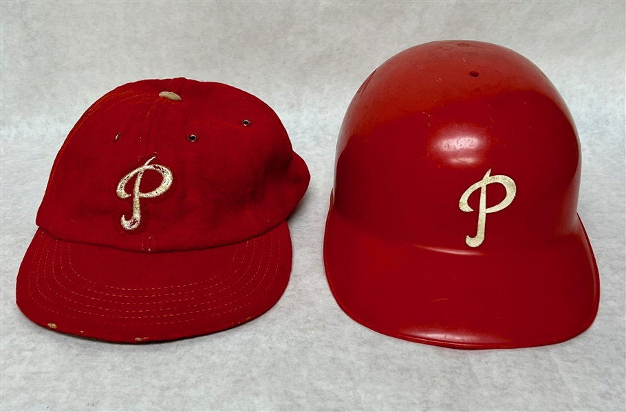 Vintage c. 1960s Phillies Youth Sized Felt Baseball Cap & Batting Helmet - 100% of Bid Donated to the Darren Daulton Foundation