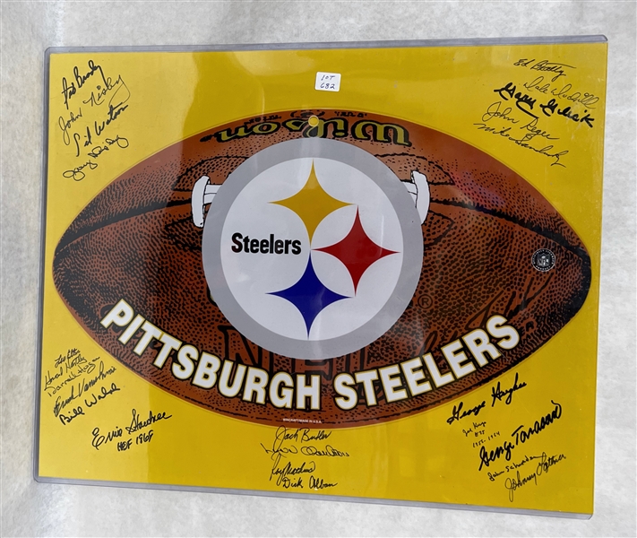 16x20 Steelers Logo & Football Print Signed by 24 Players w. Ernie Stautner - 100% of Bid Donated to the Darren Daulton Foundation
