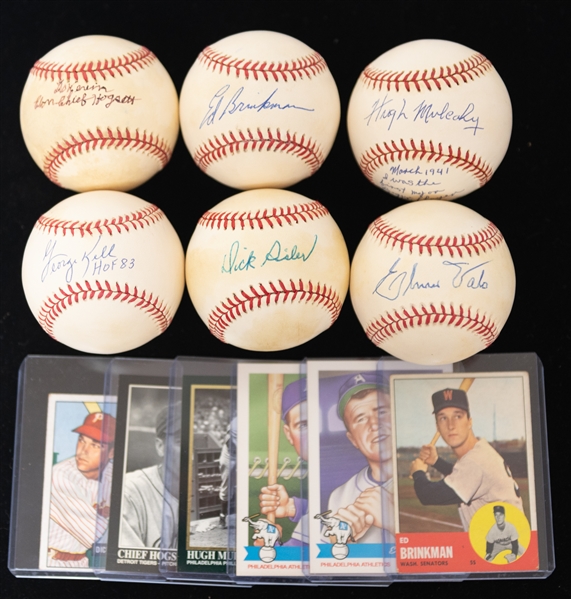 Lot of (6) Vintage Single Signed Baseballs & Vintage Baseball Card of Each Player w. Dick Sisler, Chief Hogsett, George Kell, & Hugh Mulcahy - JSA Auction Letter