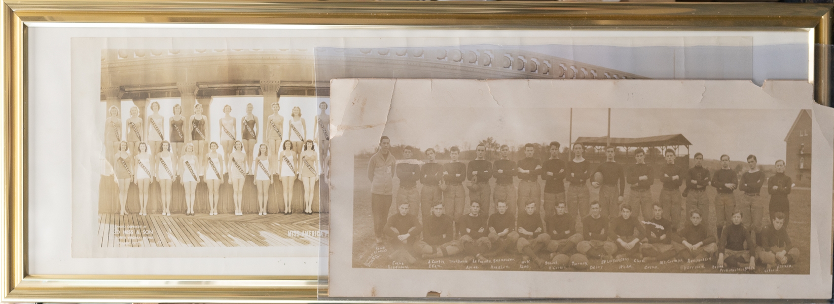 Vintage Panoramic Photo Lot - 1952 Miss America Pageant (31x10 Photo in Frame) & 23x10 Football Team