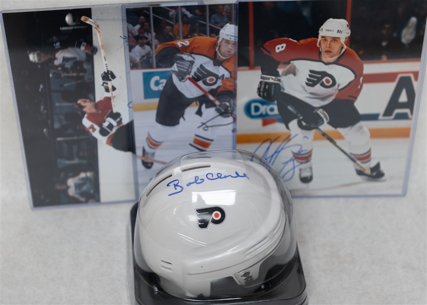 Flyers Autograph Lot w. Bobby Clarke Signed Mini Helmet (JSA), Bill Barber Signed 8x10, & (2) Other SIgned 8x10s