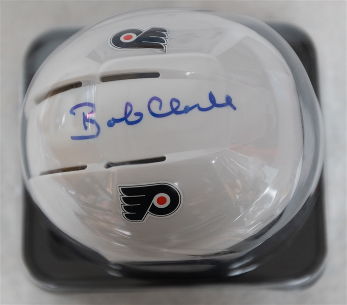 Flyers Autograph Lot w. Bobby Clarke Signed Mini Helmet (JSA), Bill Barber Signed 8x10, & (2) Other SIgned 8x10s