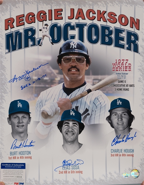 Reggie Jackson Mr. October Poster Signed by Jackson, Hooton, Hough, Sosa (3 Dodgers Pitchers He Homered Against on 10/17/77)