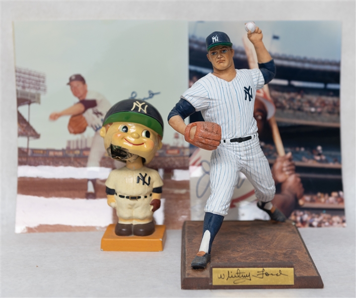 Memorabilia Lot w. Signed 8x10 Photos (W. Ford , Joe Morgan), Signed Whitey Ford Statue, & Vintage Yankees Bobblehead