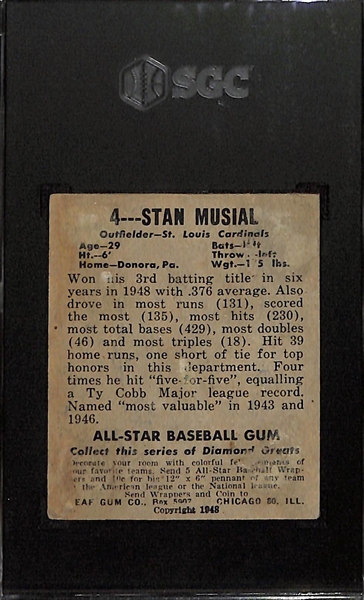 1948 Leaf Gum Co. Stan Musial #4 Rookie Card Graded SGC 1