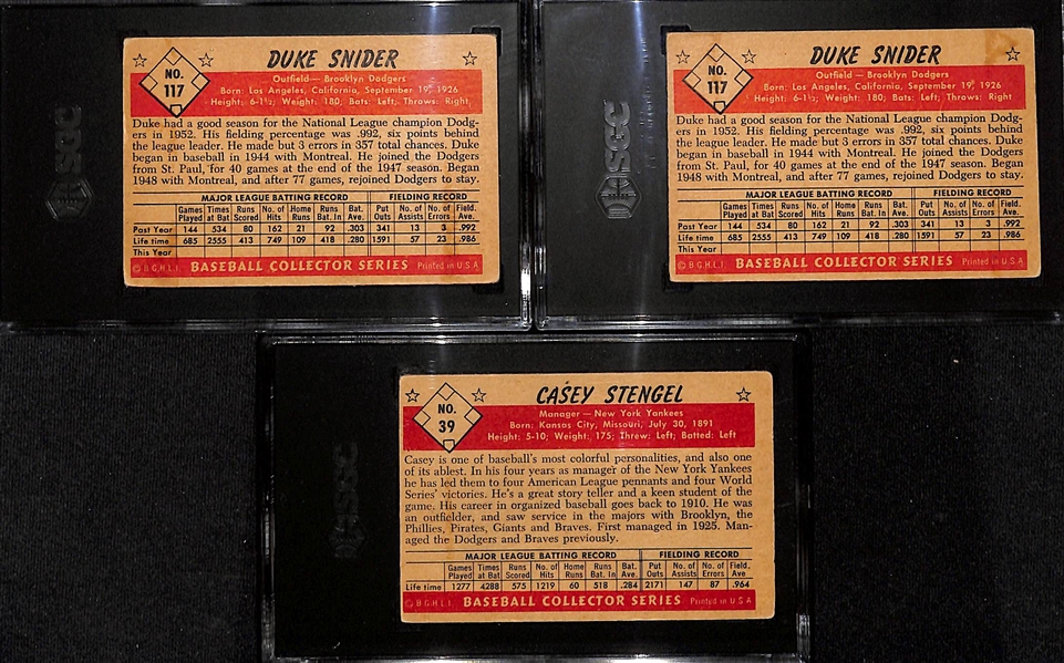 3-Card 1953 Bowman Lot - (2) Duke Snider Color #117 (SGC 3 and SGC 2) and Casey Stengel Black & White #39 (SGC 2.5)