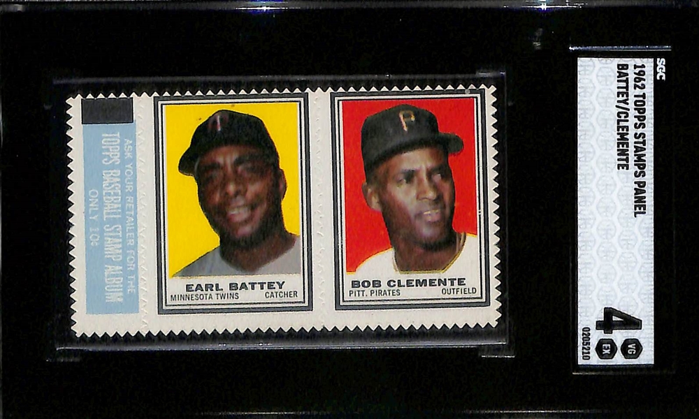 1962 Topps Stamps Panels - Hank Aaron/Bowsfield (SGC 5) & Bob Clemente/Battey (SGC 4)