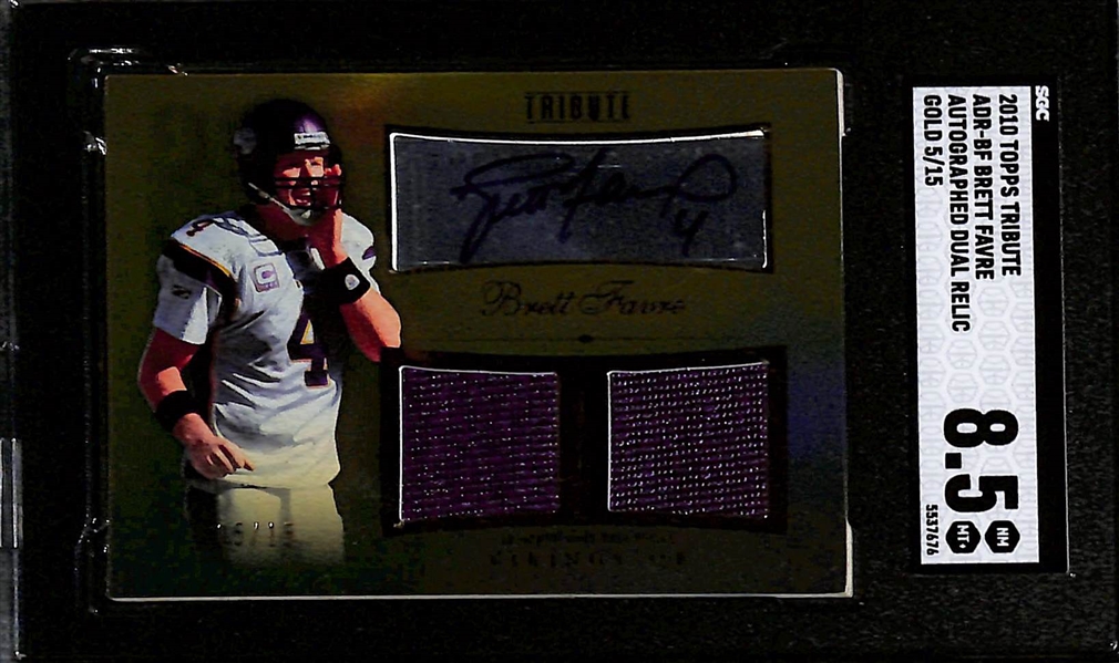 2010 Topps Tribute Brett Favre Gold Autographed Dual Relic #5/15 Graded SGC 8.5