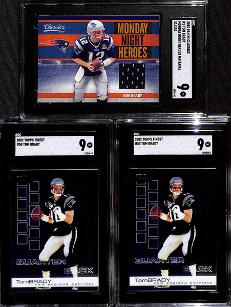 Tom Brady Lot - (2) 2002 Topps Finest (Both SGC 9) & 2010 Classics Monday Night Heroes Jersey Relic #51/150 (SGC 9)