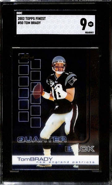 Tom Brady Lot - (2) 2002 Topps Finest (Both SGC 9) & 2010 Classics Monday Night Heroes Jersey Relic #51/150 (SGC 9)