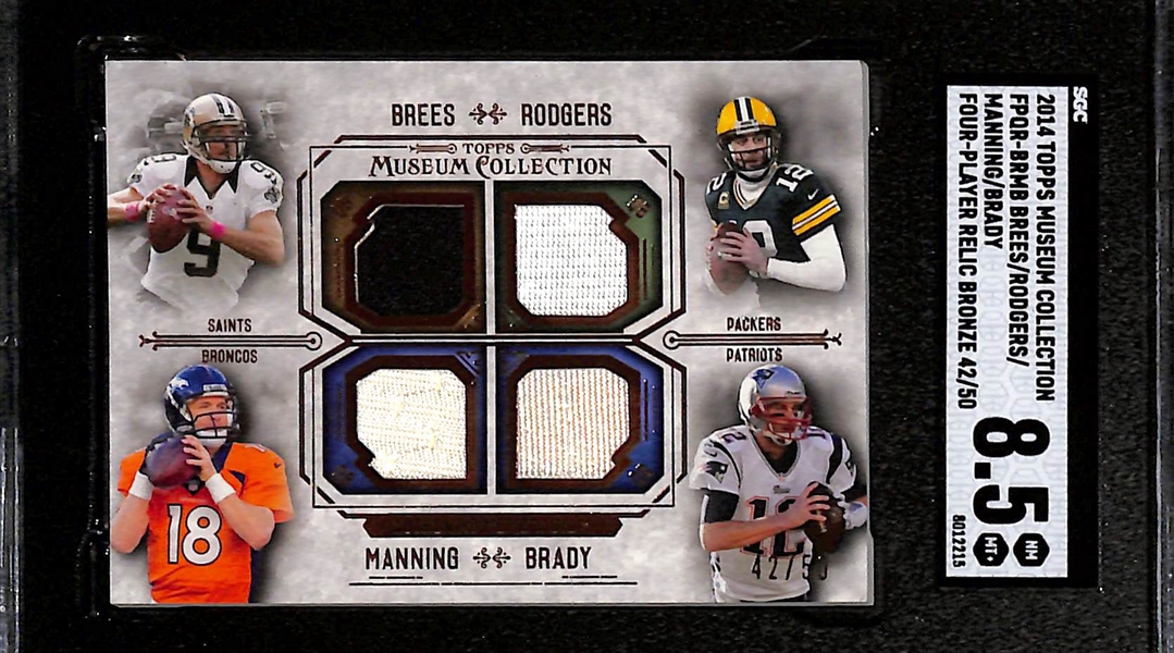 2014 Topps Museum Collection Quad Bronze Jersey Relic Card - Tom Brady, Brett Favre, Drew Brees, Peyton Manning #42/50 (SGC 8.5)