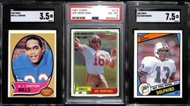 Football Rookie Lot - 1970 Topps OJ Simpson (SGC 3.5), 1981 Topps Joe Montana (PSA 6), 1984 Topps Dan Marino (SGC 7.5)