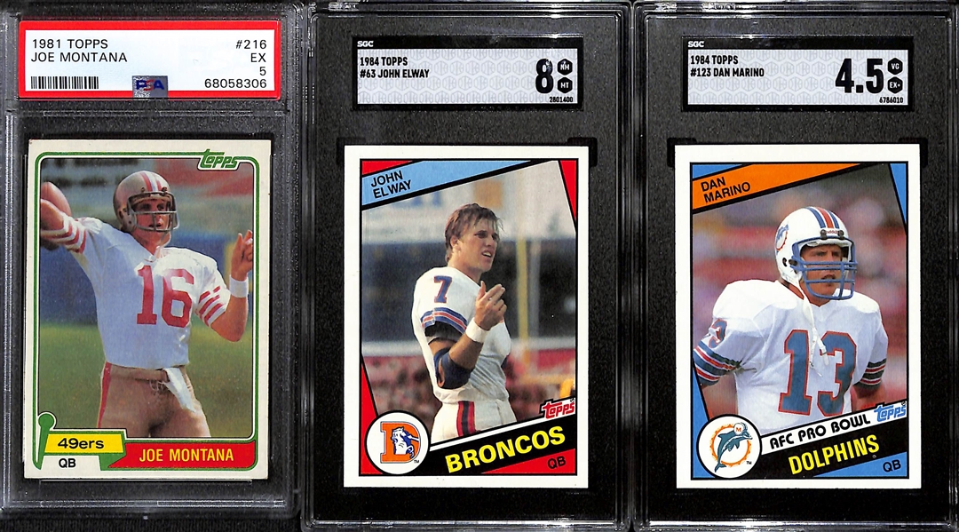 Football Rookie Lot - 1981 Topps Joe Montana (PSA 5), 1984 John Elway (SGC 8), 1984 Topps Dan Marino (SGC 4.5)