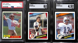Football Rookie Lot - 1981 Topps Joe Montana (PSA 5), 1984 John Elway (SGC 8), 1984 Topps Dan Marino (SGC 4.5)