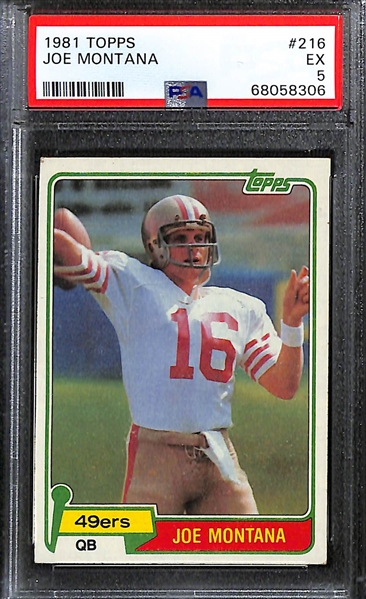 Football Rookie Lot - 1981 Topps Joe Montana (PSA 5), 1984 John Elway (SGC 8), 1984 Topps Dan Marino (SGC 4.5)