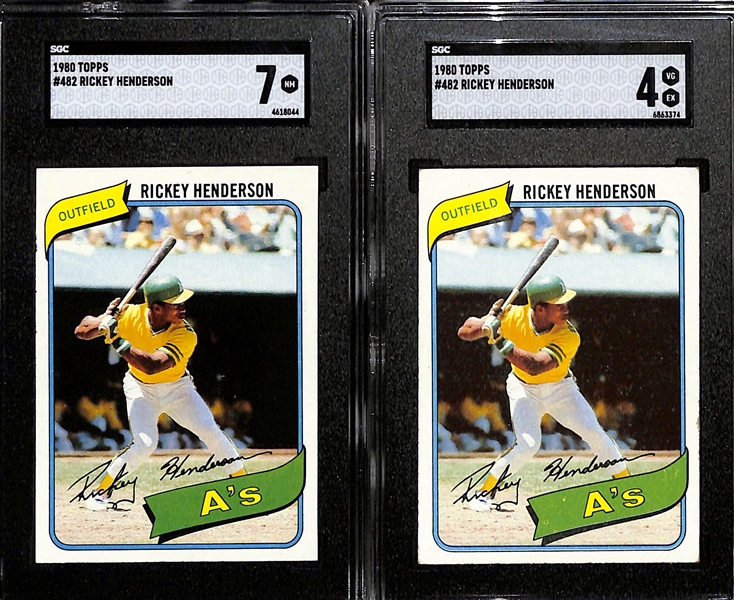 Lot of (2) 1980 Topps Rickey Henderson #482 Rookie Cards (Graded SGC 7 and SGC 4)