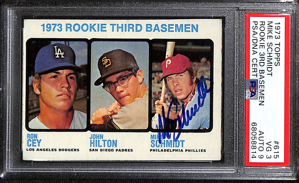 1973 Topps Autographed Mike Schmidt Rookie Card #615 (Card Grade 3, Auto Grade 9)