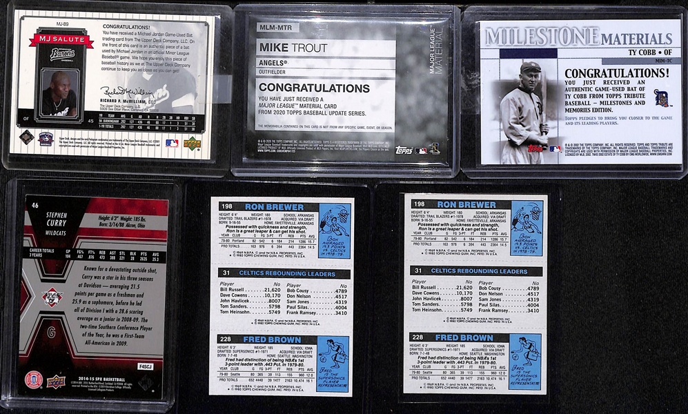 Lot of (20+) Mostly Rookie and Relic Sports Cards w. Michael Jordan, Trout, Ty Cobb, Curry, Bird and Others