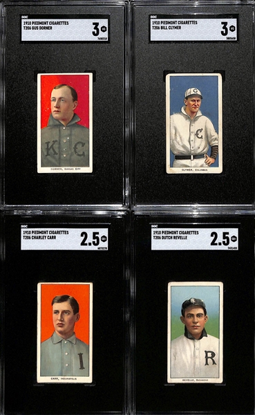 (4) Graded 1909-11 T206 Piedmont 350 Cards - Gus Dorner (SGC 3), Bill Clymer (SGC 3), Charley Carr (SGC 2.5), Dutch Revelle (SGC 2.5)