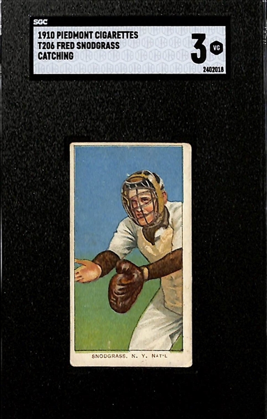 (3) SGC 3 (VG) Graded 1909-11 T206 Piedmont 350 Cards - Boss Schmidt (Portrait), Fred Snodgrass (Catching), Bob Hall