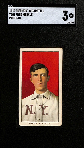 (3) SGC 3 (VG) Graded 1909-11 T206 Piedmont Cards - Fred Merkle (NY Giants - Portrait), Hemphill (NY Yankees), Engle (NY Yankees)