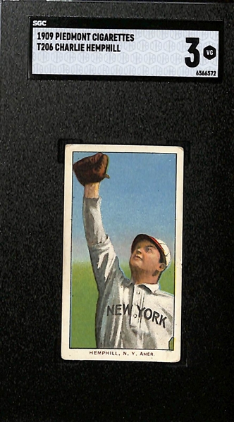 (3) SGC 3 (VG) Graded 1909-11 T206 Piedmont Cards - Fred Merkle (NY Giants - Portrait), Hemphill (NY Yankees), Engle (NY Yankees)