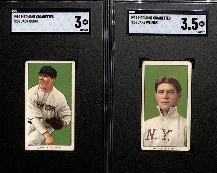 (2) Graded 1909-11 T206 Cards - Jack Quinn SGC 3 (Yankees - Piedmont 350), Jake Weimer SGC 3.5 (Ny Giants  - Piedmont 150)