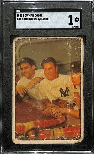 1953 Bowman Color Mickey Mantle, Hank Bauer, Yogi Berra #44 Graded SGC 1