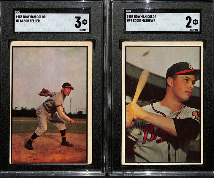 (2) 1953 Bowman Color Cards - Bob Feller SGC 3 & Eddie Mathews SGC 2