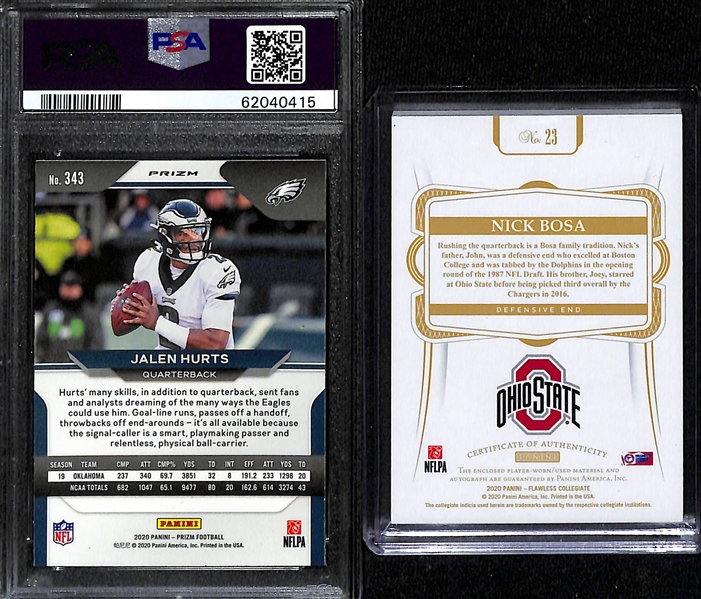 2020 Jalen Hurts Red White Blue Rookie Prizm PSA 9 and 2020 Flawless Collegiate Nick Bosa RPA #d /15