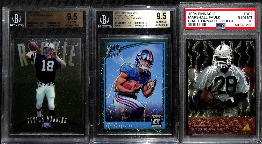 Lot of (3) Graded Gem Mint Rookies - 1998 Manning Finest, 2018 Donruss Optic Green Velocity Saquon Barkley, & 1994 Pinnacle Marshall Faulk Draft Pinnacle 