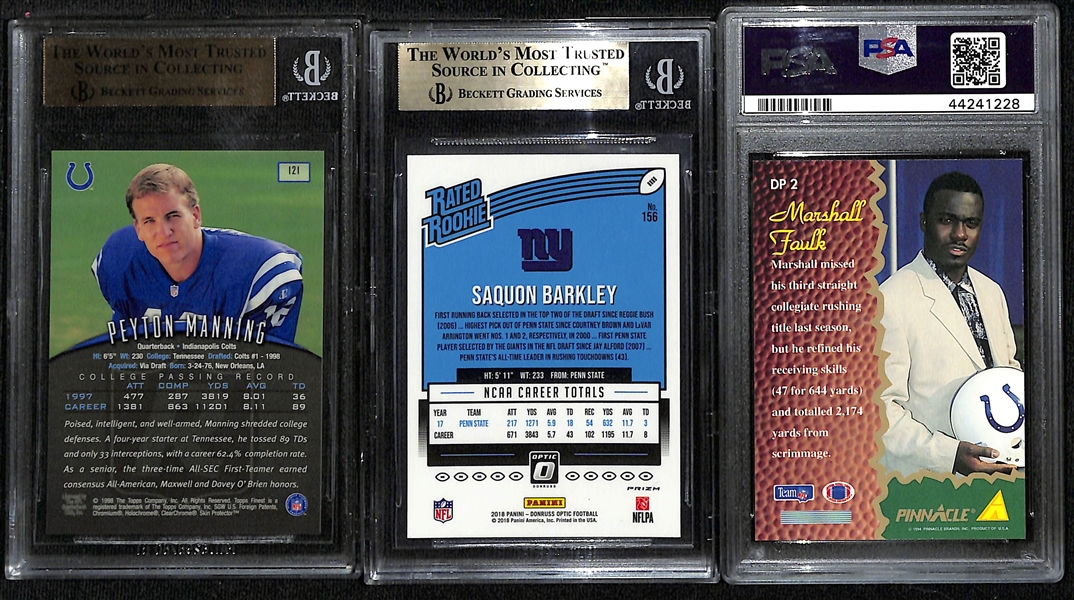 Lot of (3) Graded Gem Mint Rookies - 1998 Manning Finest, 2018 Donruss Optic Green Velocity Saquon Barkley, & 1994 Pinnacle Marshall Faulk Draft Pinnacle 