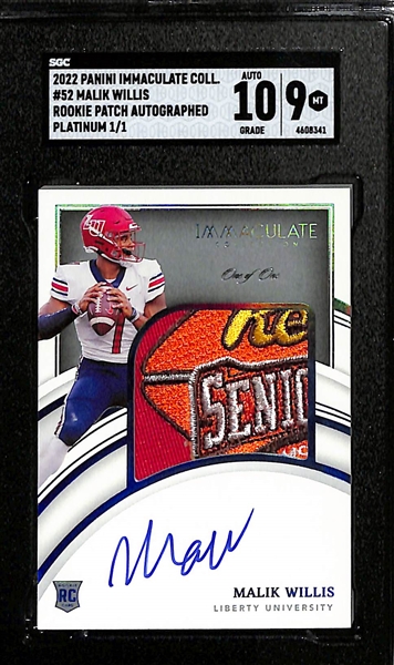 2022 Panini Immaculate Collection Malik Willis Rookie Patch Autograph Platinum Card #1/1 SGC 9 w. Auto Grade 10