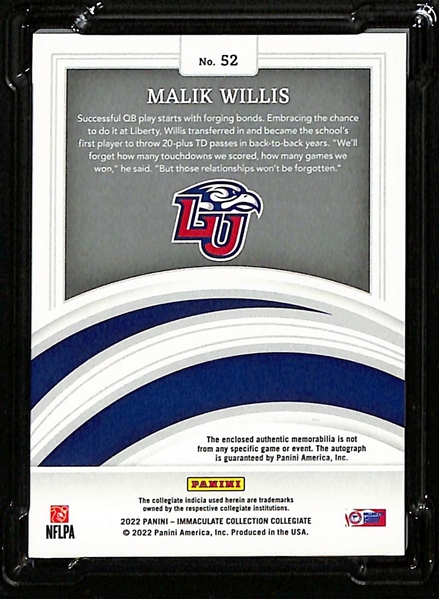 2022 Panini Immaculate Collection Malik Willis Rookie Patch Autograph Platinum Card #1/1 SGC 9 w. Auto Grade 10