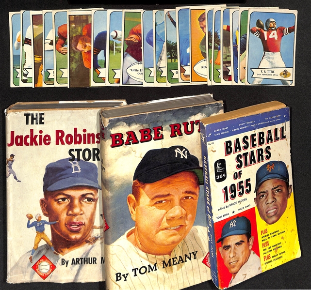 Lot of (3) 1950s Vintage Baseball Books & (20) 1954 Bowman Football Cards w. Babe Ruth, The Jackie Robinson Story, Y.A. Tittle and More