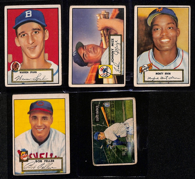 Lot of (13) Early 1950s Mostly Baseball Cards w. (5) 1952 Topps Including Spahn, Mize, Irvin, Feller and Snider