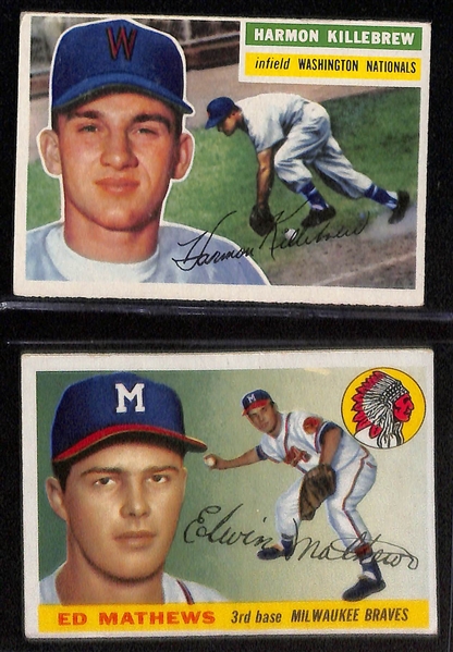 Lot of (6) 1956 Topps Baseball Cards w. Ernie Banks, W. Harridge (Card # 1), Warren Spahn and Others