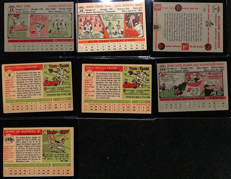 Lot of (6) 1956 Topps Baseball Cards w. Ernie Banks, W. Harridge (Card # 1), Warren Spahn and Others