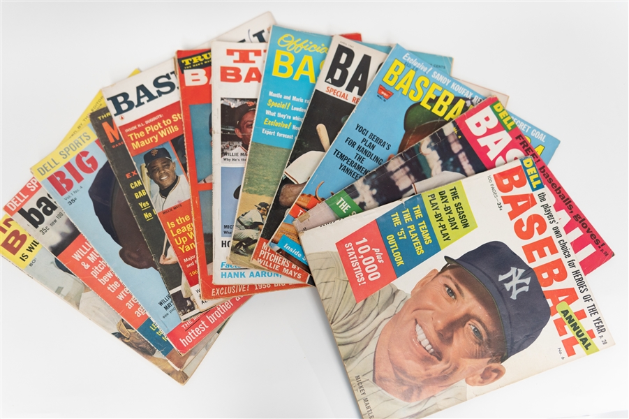 Lot of (12) 1950s and 60s Vintage Baseball Magazines All Featuring Stars Like Mantle, Williams, and Mays