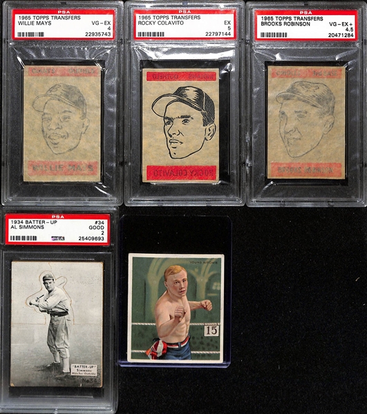 Mostly Graded Vintage Baseball lot w. PSA Graded 1965 Topps Transfers Willie Mays, and 1934 Batter-Up Al Simmons 