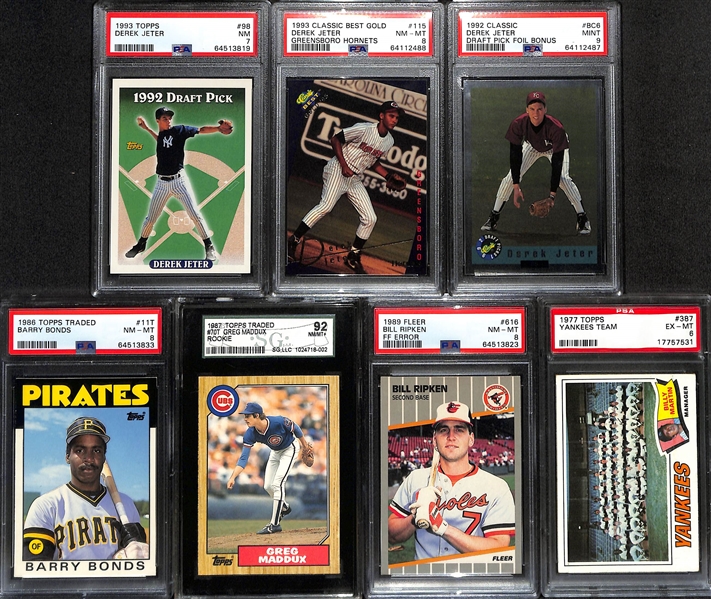 Lot of (18) Baseball Cards w. (7) Graded Including (3) Derek Jeter RCs, Barry Bonds RC, Greg Maddox RC, and More