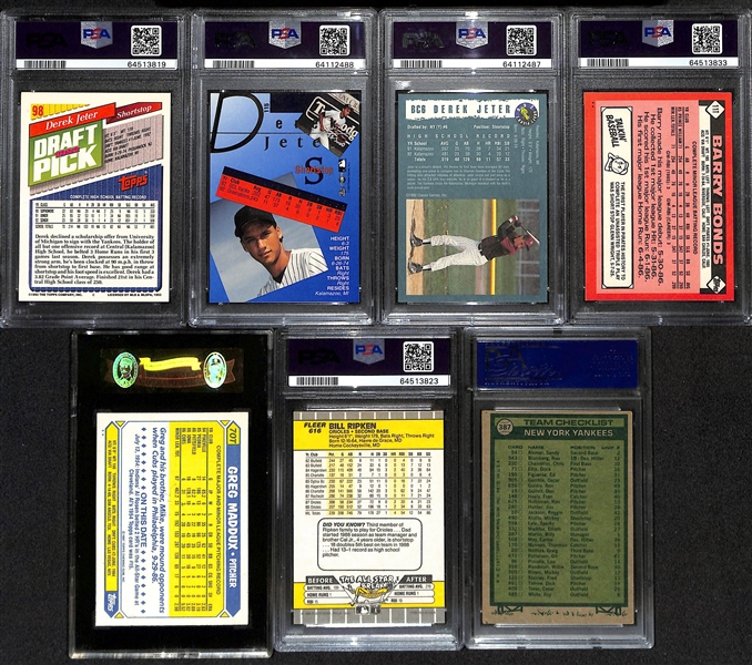 Lot of (18) Baseball Cards w. (7) Graded Including (3) Derek Jeter RCs, Barry Bonds RC, Greg Maddox RC, and More