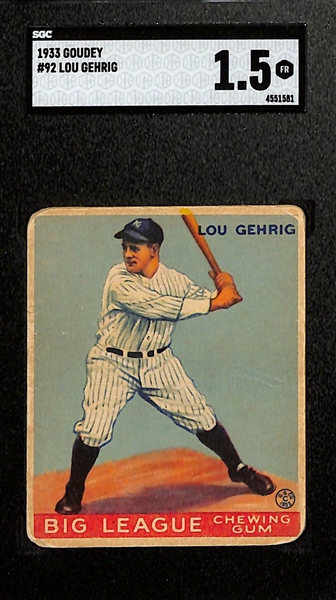 1933 Goudey Lou Gehrig #92 Graded SGC 1.5